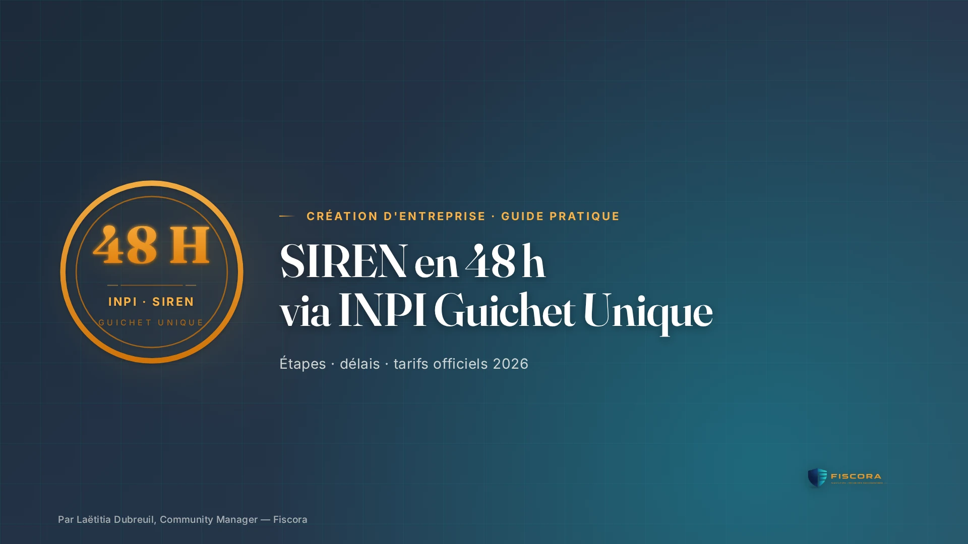 Illustration Fiscora — SIREN en 48 h via INPI Guichet Unique, parcours étape par étape, dégradé navy et teal officiel