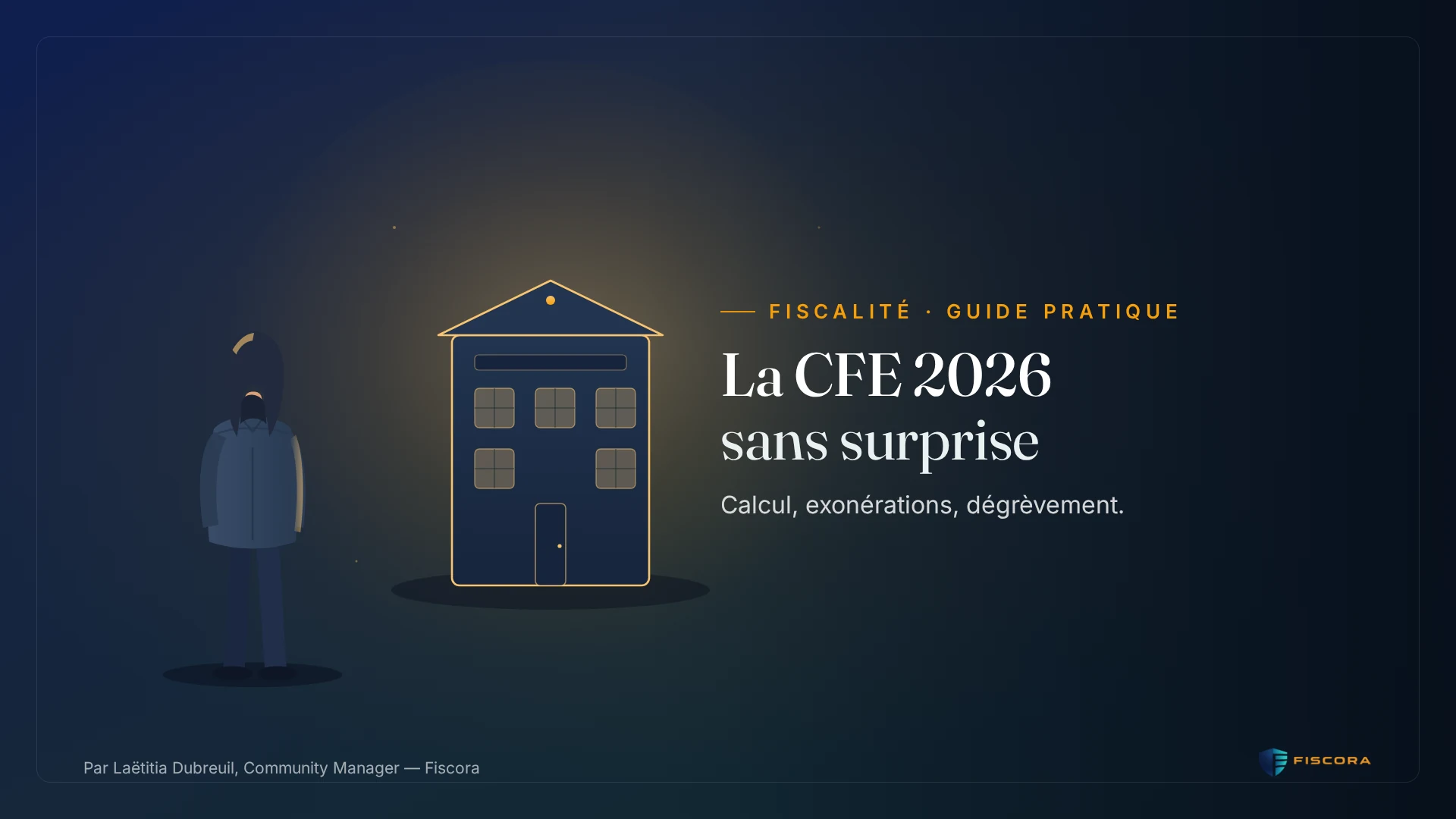 Illustration Fiscora — Cotisation foncière des entreprises 2026, calcul, exonérations et dégrèvement, tranches de chiffre d'affaires et base minimum, dégradé navy et teal