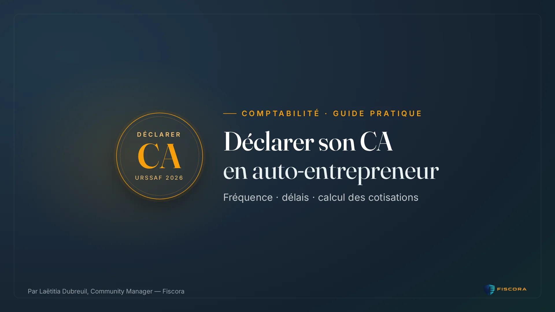 Illustration Fiscora — Déclarer son chiffre d'affaires en auto-entrepreneur : fréquence, délais et calcul des cotisations URSSAF, dégradé navy et teal officiel