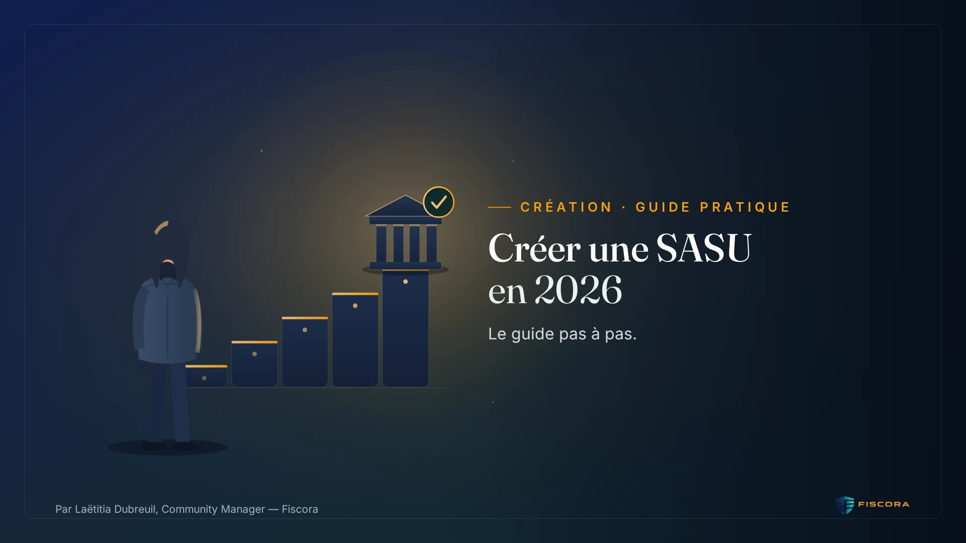 Illustration Fiscora — Créer une SASU en 2026, guide pas à pas : statuts, dépôt du capital, annonce légale et immatriculation au Guichet unique, dégradé navy et teal officiel