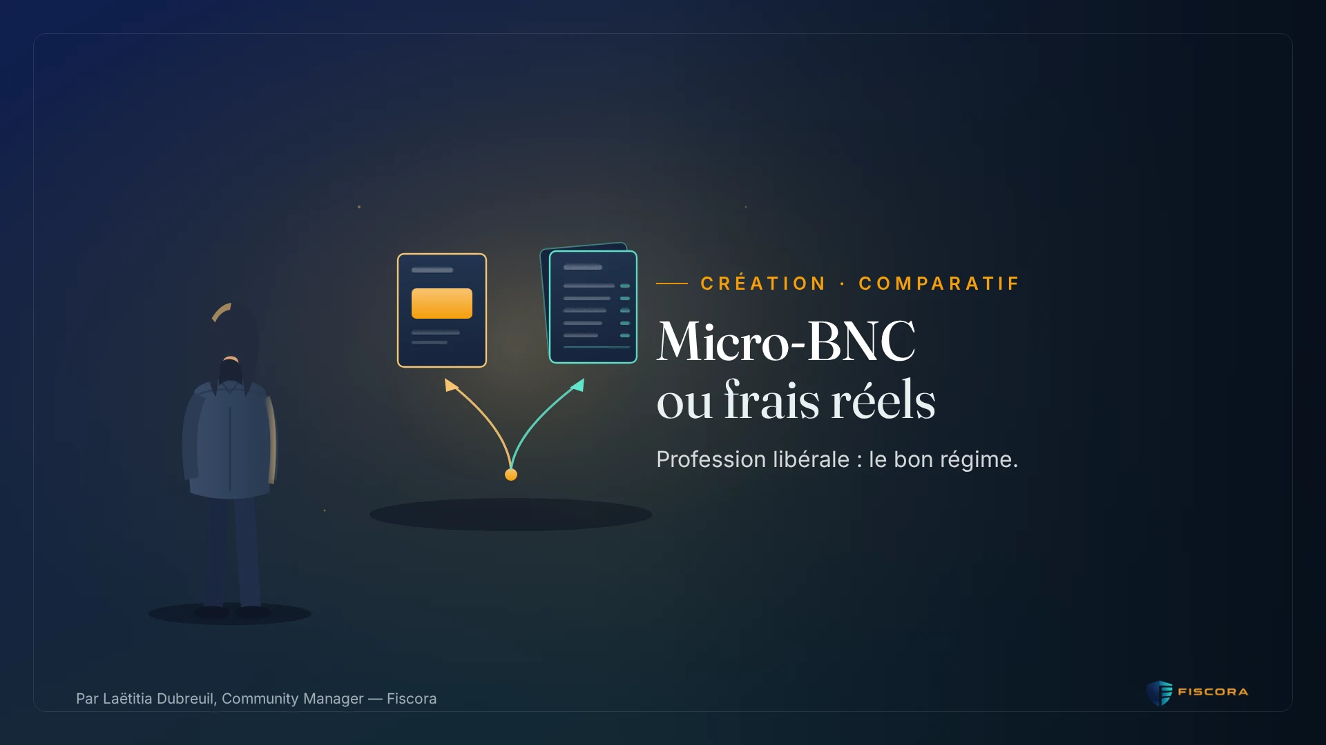 Consultante indépendante comparant deux régimes fiscaux sur son bureau, micro-BNC et déclaration contrôlée