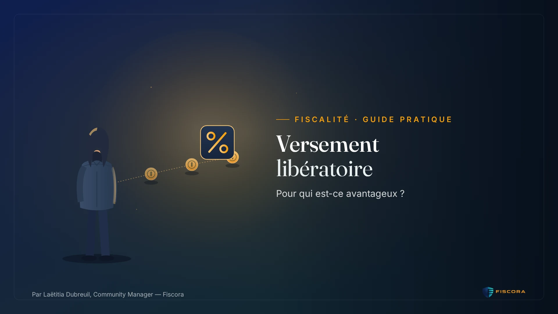 Illustration Fiscora — Versement libératoire de l'impôt 2026 pour micro-entrepreneur, taux 1, 1,7 et 2,2 pour cent, condition de revenu fiscal de référence, dégradé navy et teal